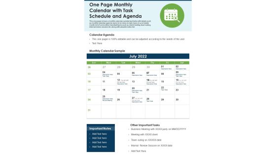One Page Monthly Calendar With Task Schedule And Agenda PDF Document PPT Template
