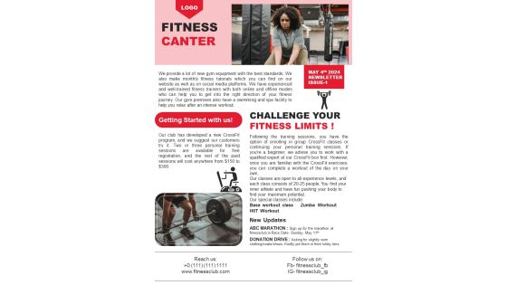 One Page Monthly Newsletter For Fitness Center PDF Document PPT Template One Page Monthly Newsletter For Fitness Center PDF Document PPT Template