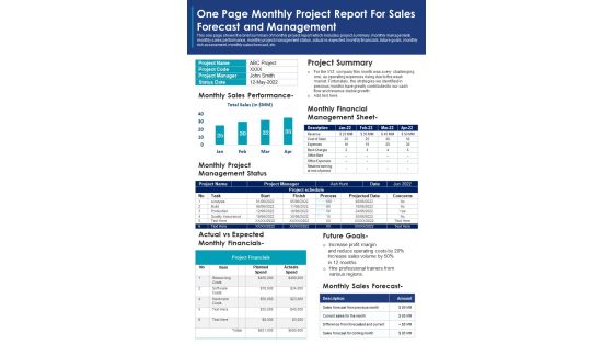 One Page Monthly Project Report For Sales Forecast And Management PDF Document PPT Template