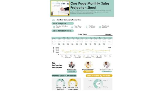 One Page Monthly Sales Projection Sheet PDF Document PPT Template One Page Monthly Sales Projection Sheet PDF Document PPT Template