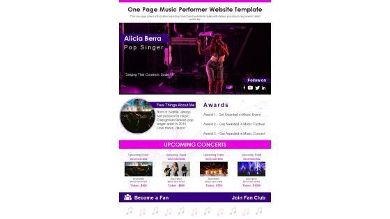 One Page Music Performer Website Template PDF Document PPT Template One Page Music Performer Website Template PDF Document PPT Template