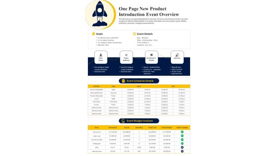 One Page New Product Introduction Event Overview PDF Document PPT Template