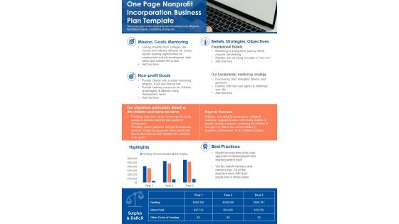 One Page Nonprofit Company Business Plan Template PDF Document PPT Template One Page Nonprofit Company Business Plan Template PDF Document PPT Template