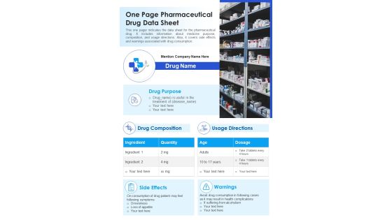 One Page Pharmaceutical Drug Data Sheet PDF Document PPT Template
