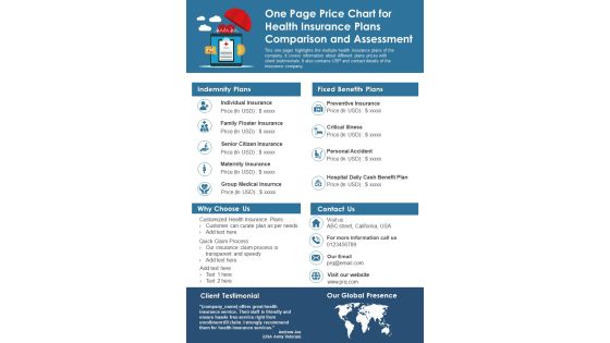 One Page Price Chart For Health Insurance Plans Comparison And Assessment PDF Document PPT Template One Page Price Chart For Health Insurance Plans Comparison And Assessment PDF Document PPT Template