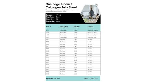 One Page Product Catalogue Tally Sheet PDF Document PPT Template