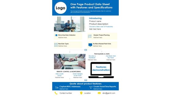One Page Product Data Sheet With Features And Specifications PDF Document PPT Template