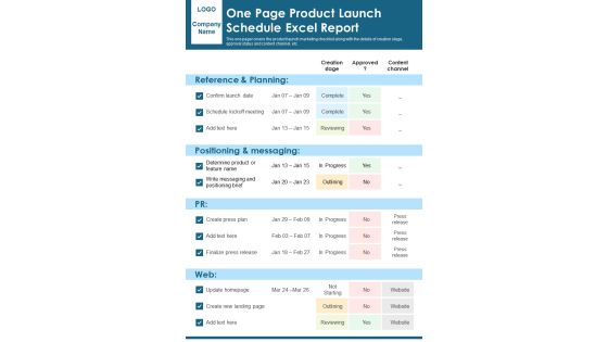 One Page Product Launch Schedule Excel Report PDF Document PPT Template