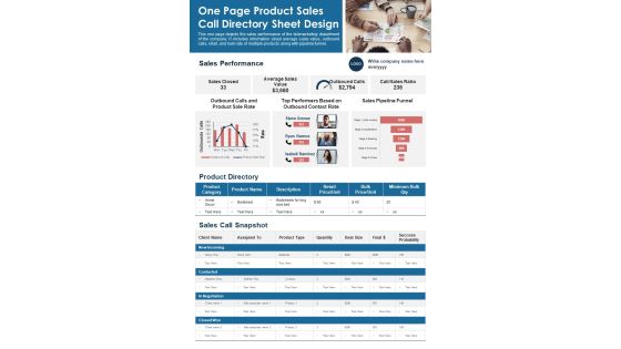 One Page Product Sales Call Directory Sheet Design PDF Document PPT Template