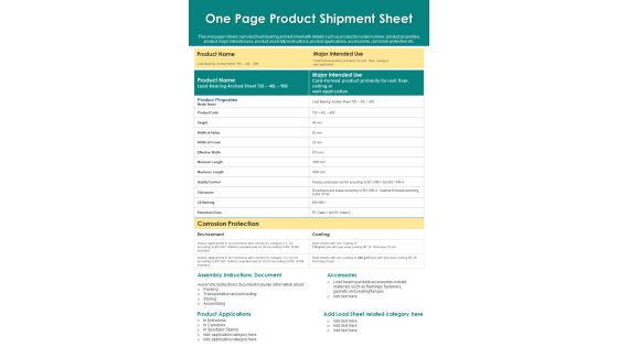 One Page Product Shipment Sheet PDF Document PPT Template