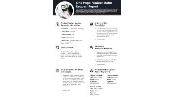 One Page Product Status Request Report PDF Document PPT Template One Page Product Status Request Report PDF Document PPT Template
