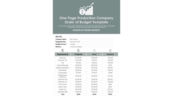 One Page Production Company Order Of Budget Template PDF Document PPT Template One Page Production Company Order Of Budget Template PDF Document PPT Template