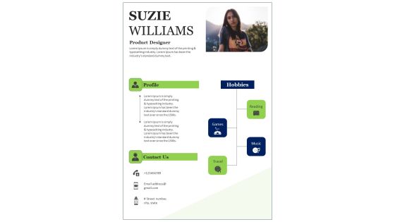 One Page Professional CV For Product Designers PDF Document PPT Template
