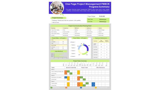One Page Project Management PMBOK Progress Summary PDF Document PPT Template