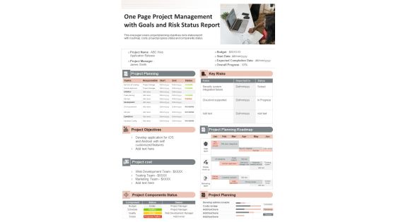 One Page Project Management With Goals And Risk Status Report PDF Document PPT Template One Page Project Management With Goals And Risk Status Report PDF Document PPT Template