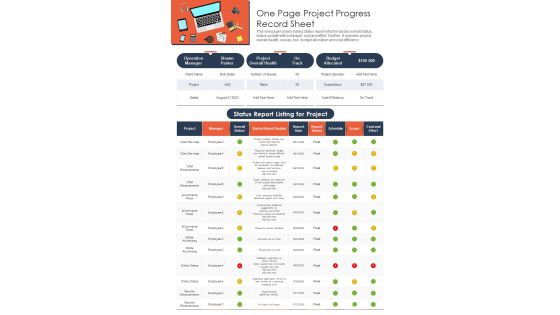 One Page Project Progress Record Sheet PDF Document PPT Template