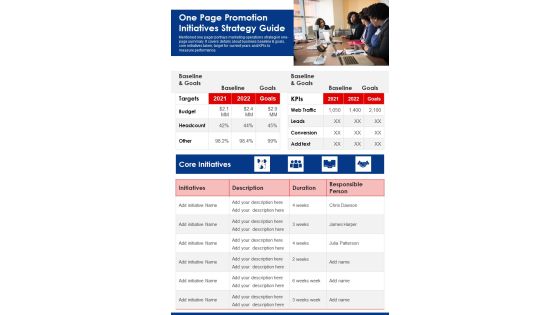 One Page Promotion Initiatives Strategy Guide PDF Document PPT Template