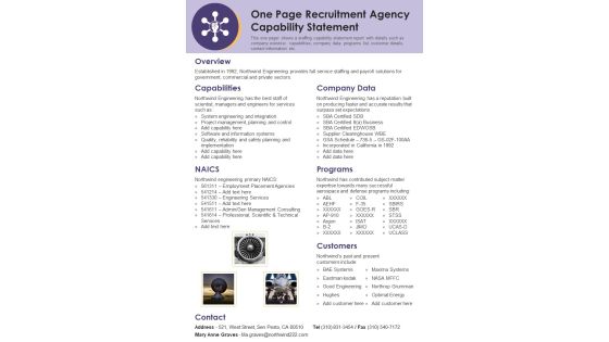 One Page Recruitment Agency Capability Statement PDF Document PPT Template One Page Recruitment Agency Capability Statement PDF Document PPT Template