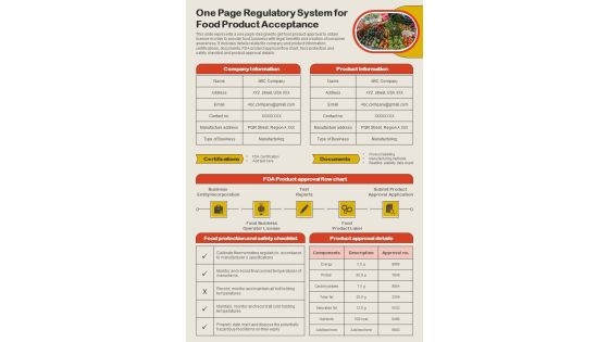 One Page Regulatory System For Food Product Acceptance PDF Document PPT Template One Page Regulatory System For Food Product Acceptance PDF Document PPT Template