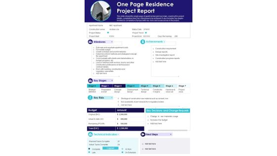 One Page Residence Project Report PDF Document PPT Template One Page Residence Project Report PDF Document PPT Template