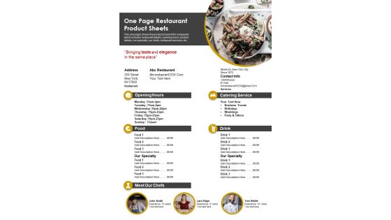 One Page Restaurant Product Sheets PDF Document PPT Template One Page Restaurant Product Sheets PDF Document PPT Template