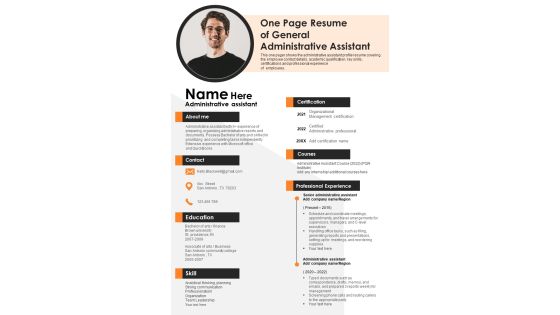 One Page Resume Of General Administrative Assistant PDF Document PPT Template