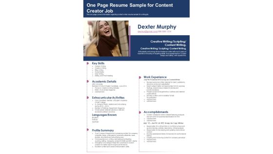 One Page Resume Sample For Content Creator Job PDF Document PPT Template One Page Resume Sample For Content Creator Job PDF Document PPT Template