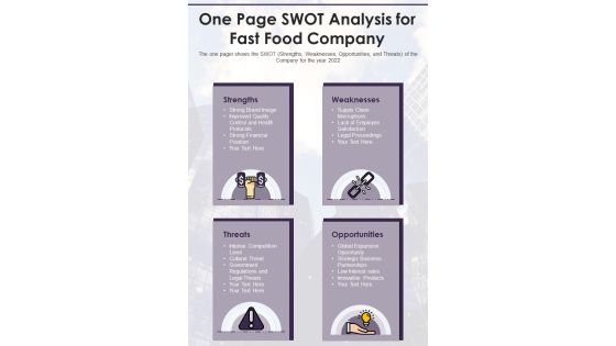 One Page SWOT Analysis For Fast Food Company PDF Document PPT Template One Page SWOT Analysis For Fast Food Company PDF Document PPT Template