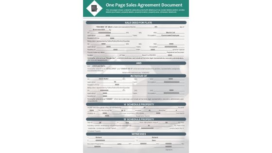 One Page Sales Agreement Document PDF Document PPT Template