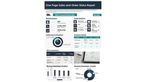 One Page Sales And Order Status Report PDF Document PPT Template