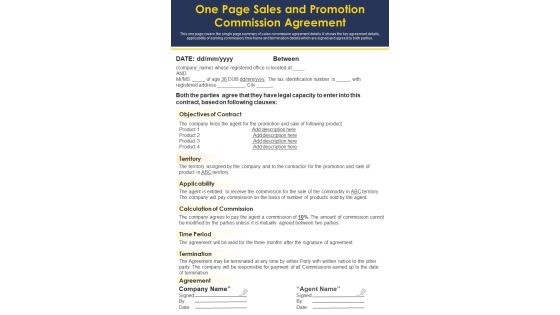 One Page Sales And Promotion Commission Agreement PDF Document PPT Template One Page Sales And Promotion Commission Agreement PDF Document PPT Template