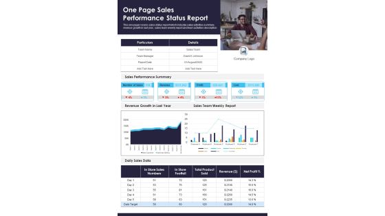One Page Sales Performance Status Report PDF Document PPT Template