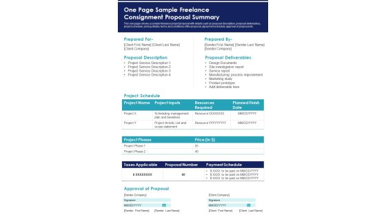 One Page Sample Freelance Consignment Proposal Summary PDF Document PPT Template One Page Sample Freelance Consignment Proposal Summary PDF Document PPT Template