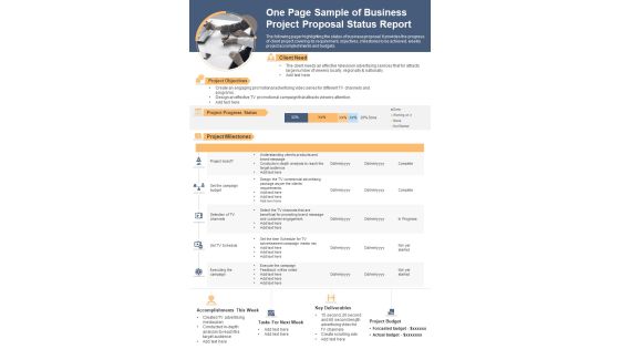 One Page Sample Of Business Project Proposal Status Report PDF Document PPT Template