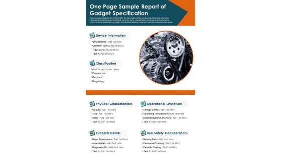 One Page Sample Report Of Gadget Specification PDF Document PPT Template