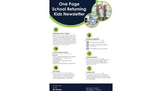 One Page School Returning Kids Newsletter PDF Document PPT Template One Page School Returning Kids Newsletter PDF Document PPT Template