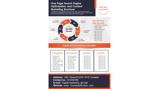 One Page Search Engine Optimization And Content Marketing Brochure PDF Document PPT Template One Page Search Engine Optimization And Content Marketing Brochure PDF Document PPT Template