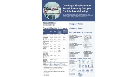 One Page Simple Annual Report Summary Sample For Sole Proprietorship PDF Document PPT Template One Page Simple Annual Report Summary Sample For Sole Proprietorship PDF Document PPT Template