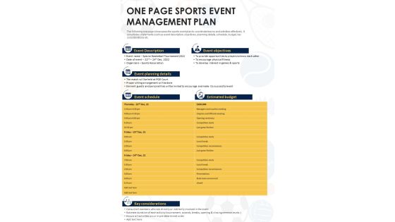 One Page Sports Event Management Plan PDF Document PPT Template One Page Sports Event Management Plan PDF Document PPT Template