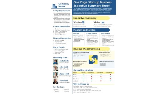 One Page Start Up Business Executive Summary Sheet PDF Document PPT Template