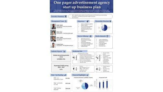 One Page Start Up Business Plan For Marketing Agency PDF Document PPT Template