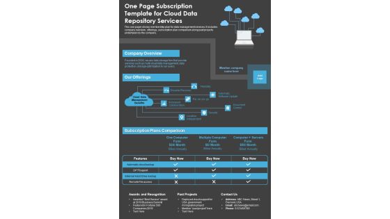 One Page Subscription Template For Cloud Data Repository Services PDF Document PPT Template One Page Subscription Template For Cloud Data Repository Services PDF Document PPT Template