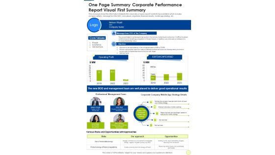 One Page Summary Corporate Performance Report Visual First Summary One Pager Documents One Page Summary Corporate Performance Report Visual First Summary One Pager Documents
