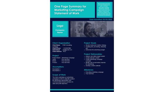 One Page Summary For Marketing Campaign Statement Of Work PDF Document PPT Template One Page Summary For Marketing Campaign Statement Of Work PDF Document PPT Template