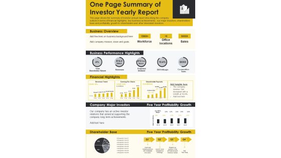 One Page Summary Of Investor Yearly Report PDF Document PPT Template One Page Summary Of Investor Yearly Report PDF Document PPT Template