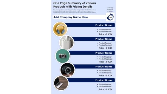 One Page Summary Of Various Products With Pricing Details PDF Document PPT Template One Page Summary Of Various Products With Pricing Details PDF Document PPT Template