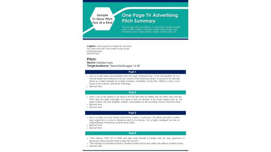 One Page TV Advertising Pitch PDF Document PPT Template