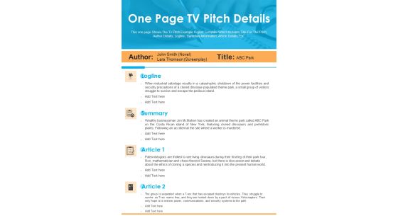 One Page TV Pitch Details PDF Document PPT Template