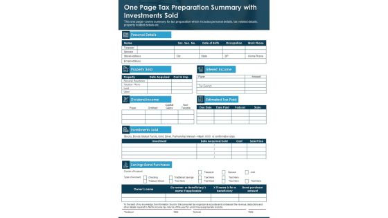 One Page Tax Preparation Summary With Investments Sold PDF Document PPT Template One Page Tax Preparation Summary With Investments Sold PDF Document PPT Template