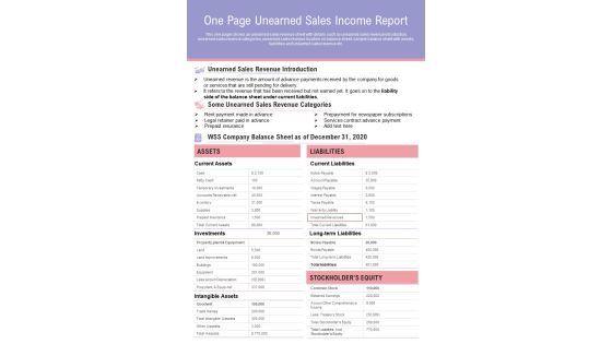 One Page Unearned Sales Income Report PDF Document PPT Template One Page Unearned Sales Income Report PDF Document PPT Template